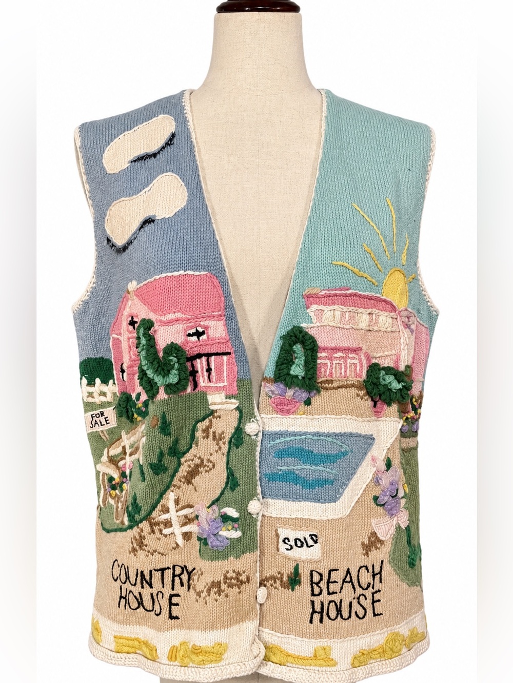 Vintage Lauren Hansen pictorial knit sweater vest. Cottagecore grandma pastel L